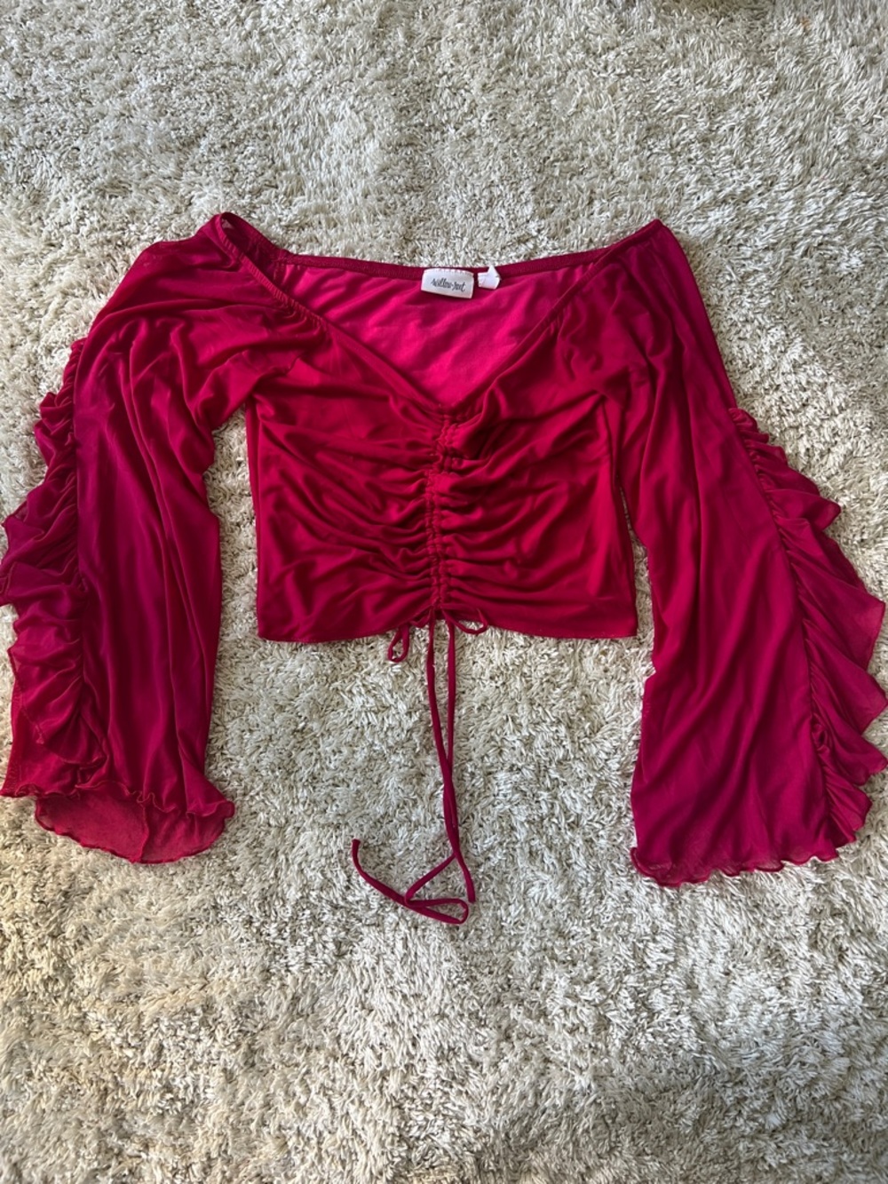 Willow + Root Deep Pink Ruched Off-Shoulder Crop Top Boho Mesh Festival Cinch M